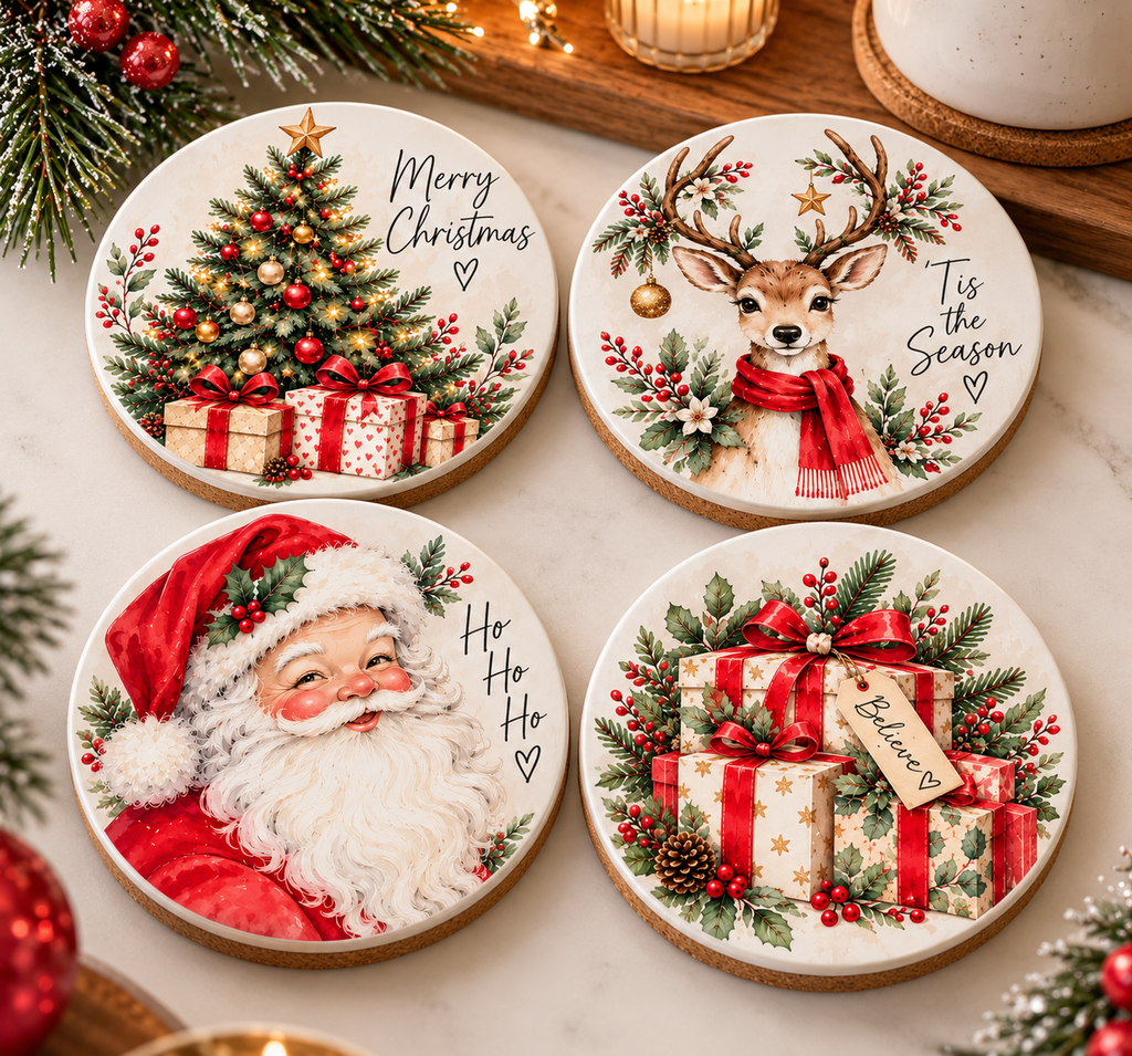 Round & Square Christmas Cork Coasters (set of 4)