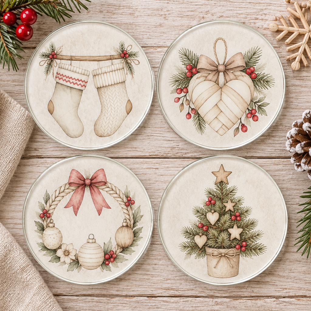 Round & Square Christmas Glass Coasters (set of 4)