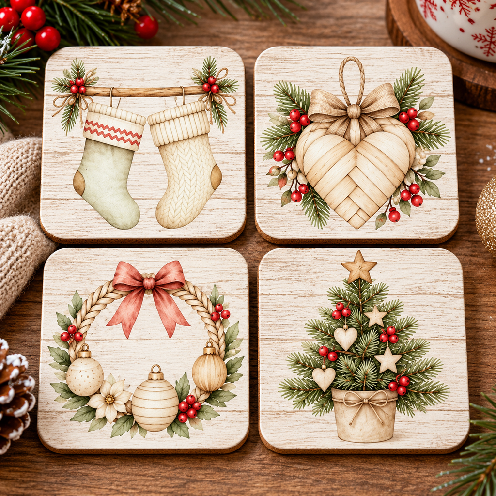 Round & Square Christmas Cork Coasters (set of 4)
