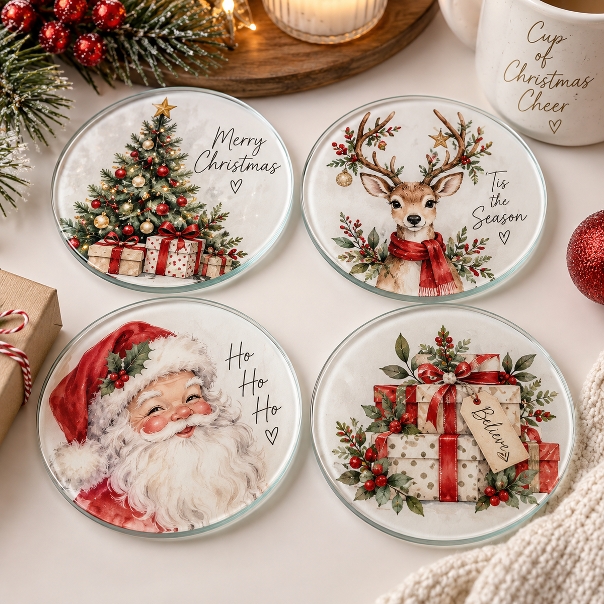 Round & Square Christmas Glass Coasters (set of 4)